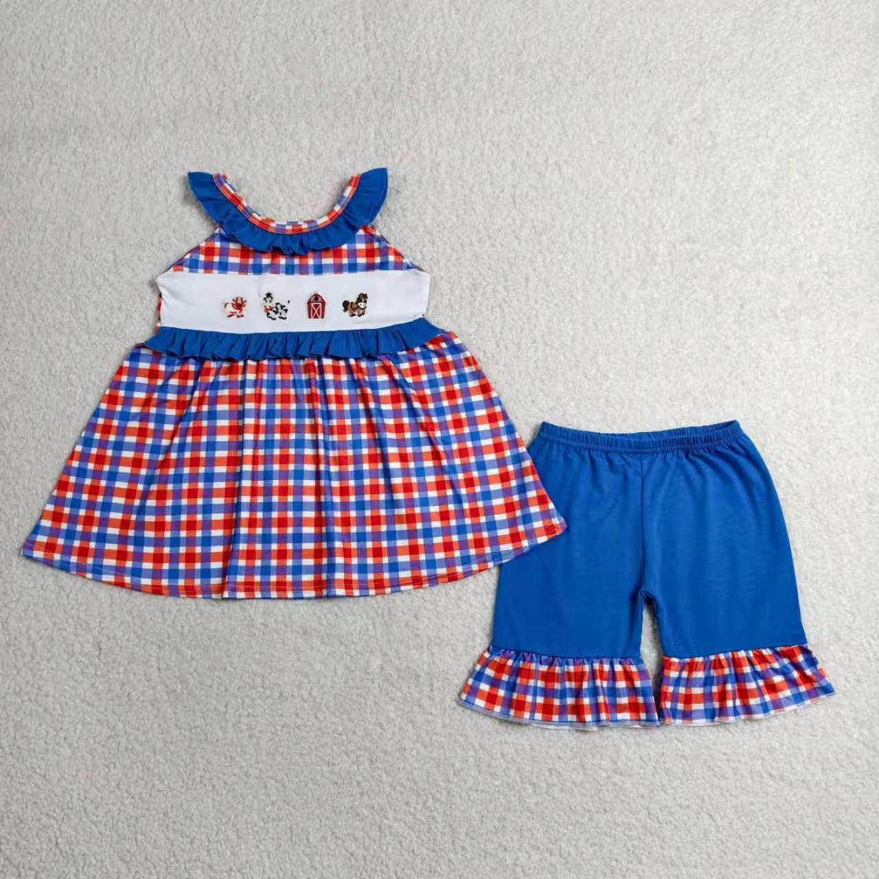 Sibling Baby Girls Farm Embroidery Animal Shorts Outfit Bubble Romper