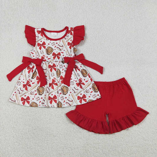 GSSO3058  Baseball Bows Tunic Top Red Shorts Girls Summer Clothes Set