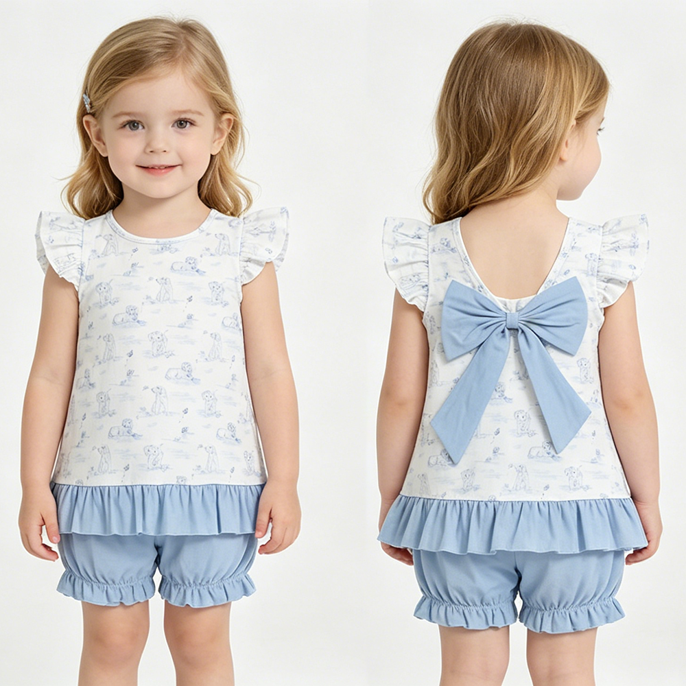 GSSO3061 Puppy Backless Bow Top Blue Shorts Girls Summer Clothes Set