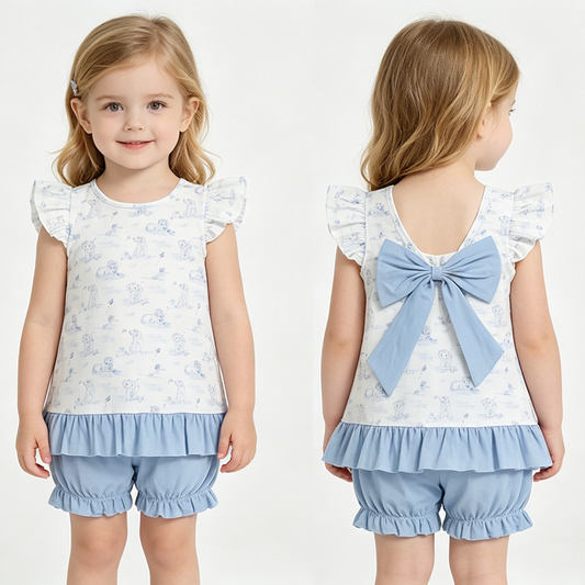 GSSO3061 Puppy Backless Bow Top Blue Shorts Girls Summer Clothes Set