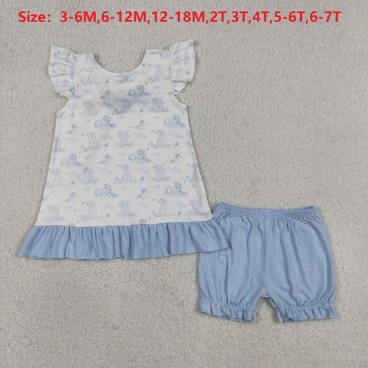 GSSO3061 Puppy Backless Bow Top Blue Shorts Girls Summer Clothes Set