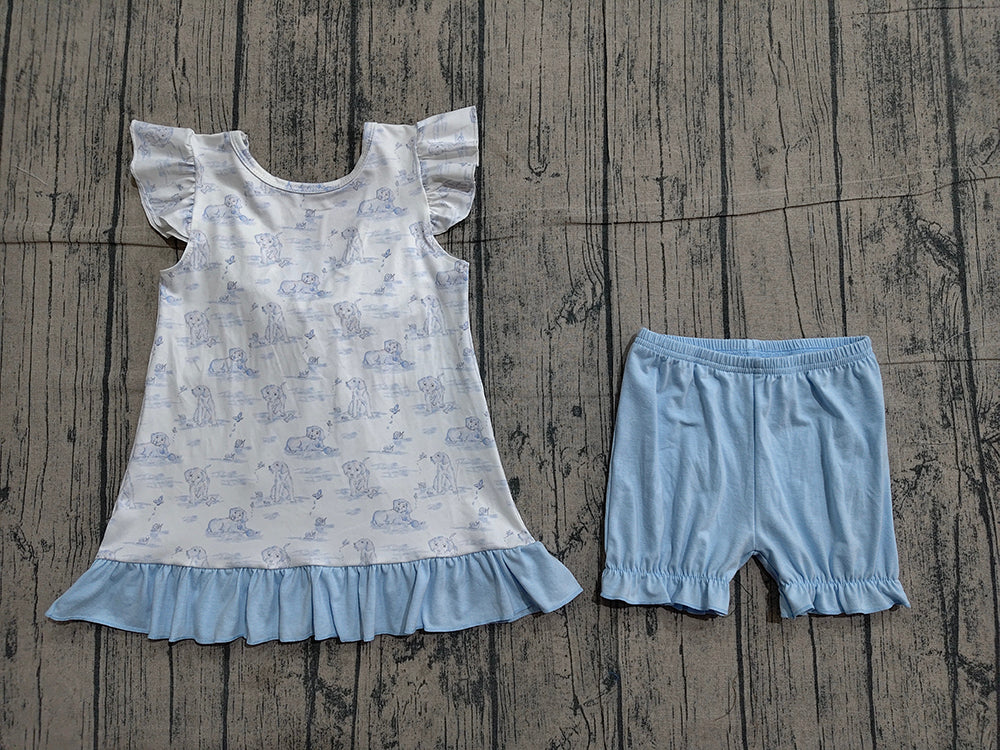 GSSO3061 Puppy Backless Bow Top Blue Shorts Girls Summer Clothes Set