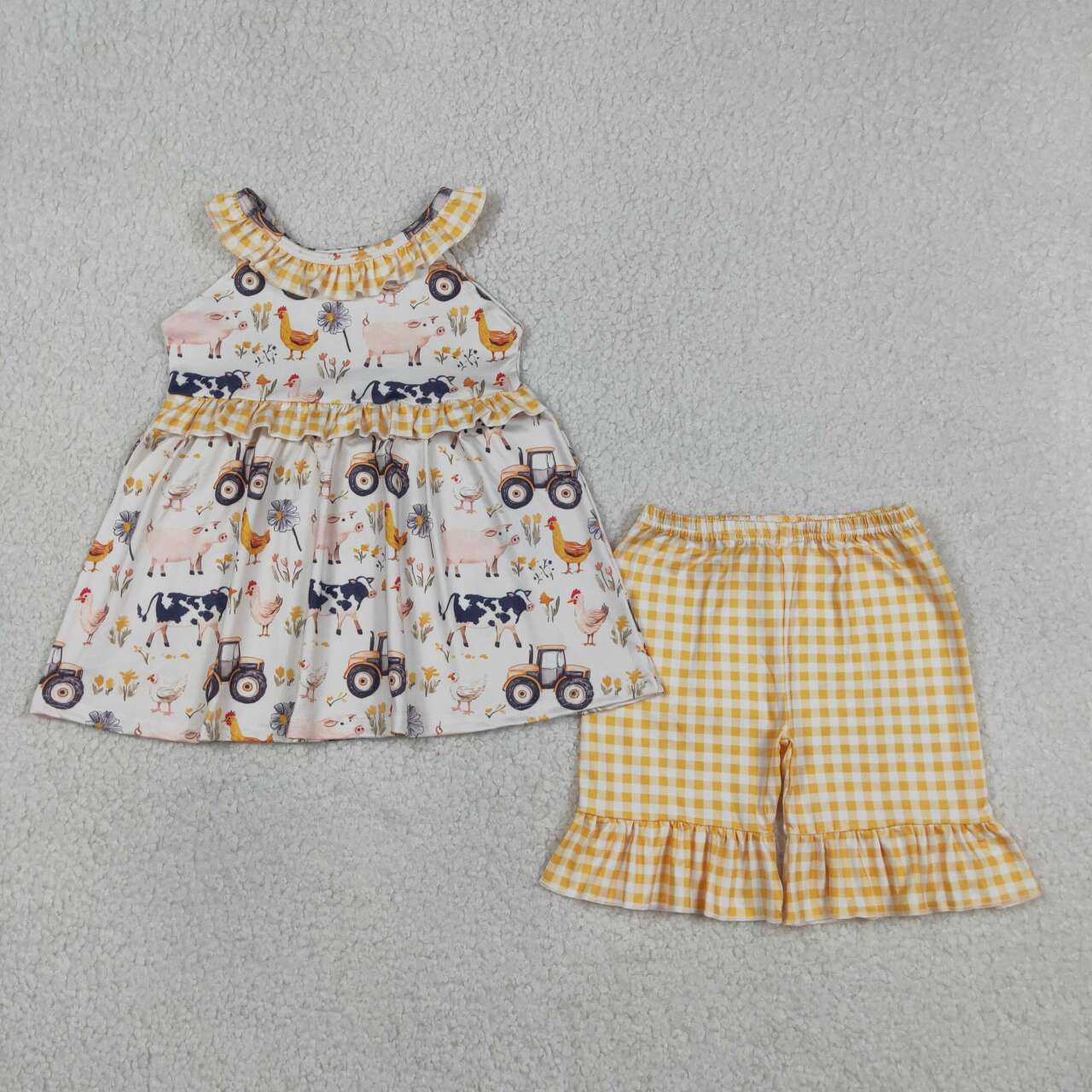 GSSO3071 Farm Animals Tractor Flowers Tunic Top Yellow Shorts Girls Summer Clothes Set
