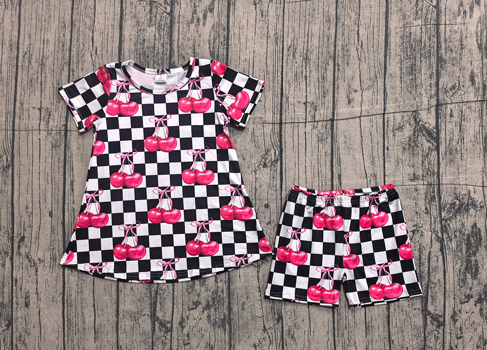 GSSO3075 Black & White Check Cherry Bow Short Sleeve & Shorts Set - Girls