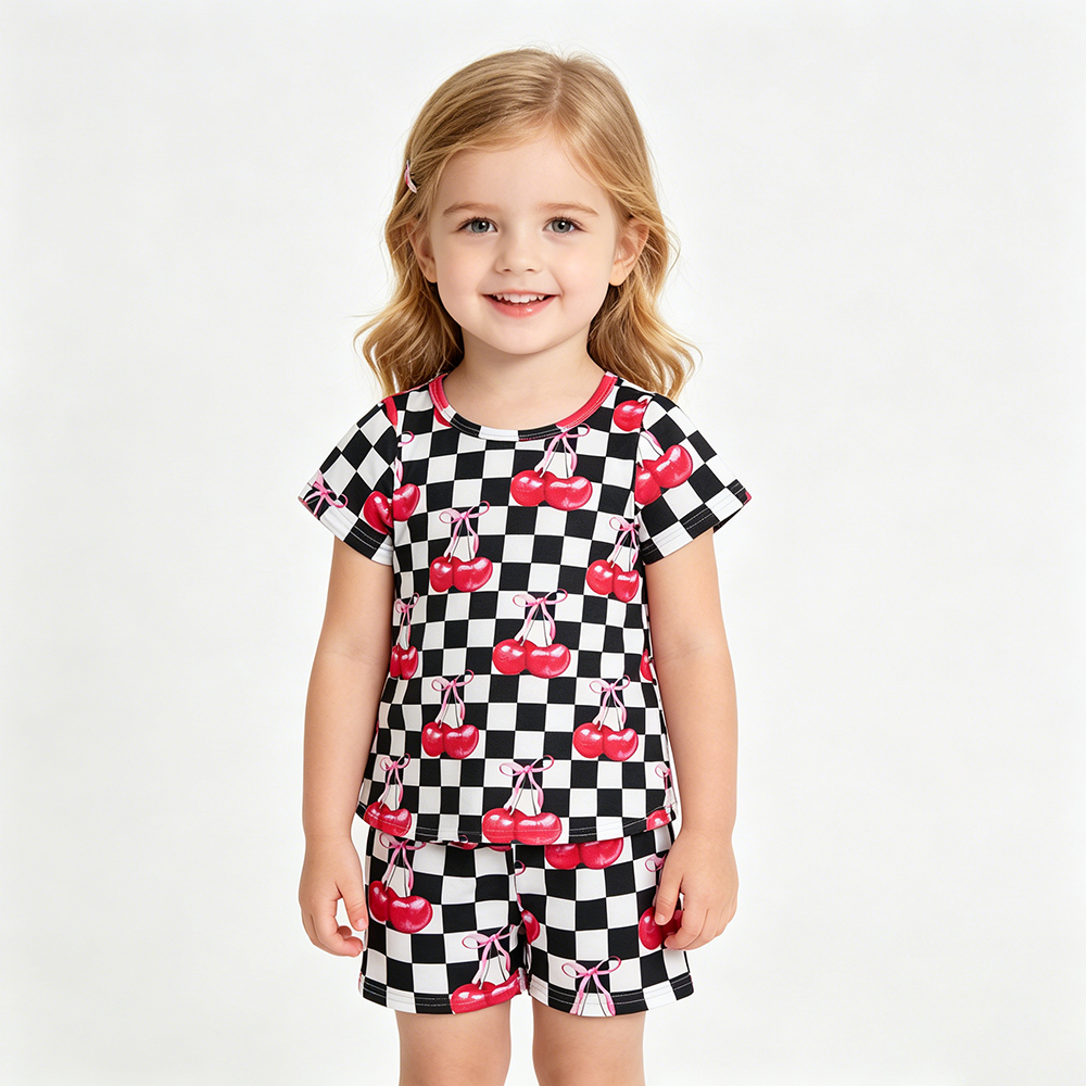 GSSO3075 Black & White Check Cherry Bow Short Sleeve & Shorts Set - Girls