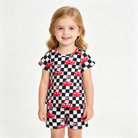 GSSO3075 Black & White Check Cherry Bow Short Sleeve & Shorts Set - Girls