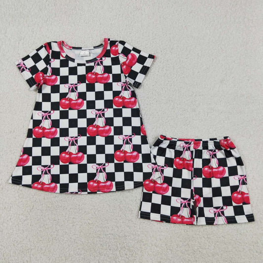 GSSO3075 Black & White Check Cherry Bow Short Sleeve & Shorts Set - Girls
