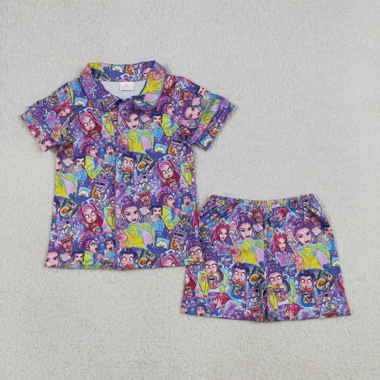 GSSO3087 Girls Cartoon Demon Purple Button Shorts Girls Summer Pajamas Clothes Set