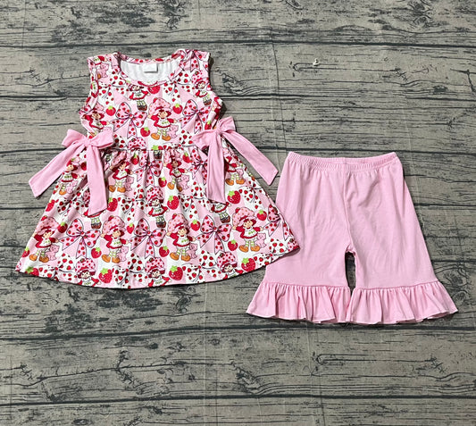 Preorder GSSO3104 Strawberry Bows Tunic Top Pink Shorts Girls Summer Clothes Set