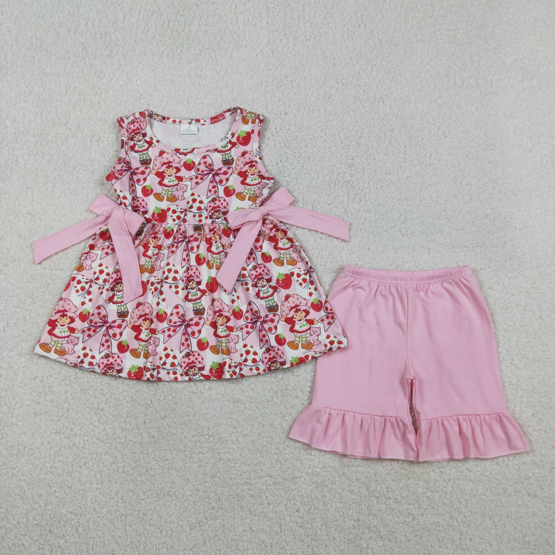 Strawberry Girl Print Bow Tunic & Ruffle Shorts Set