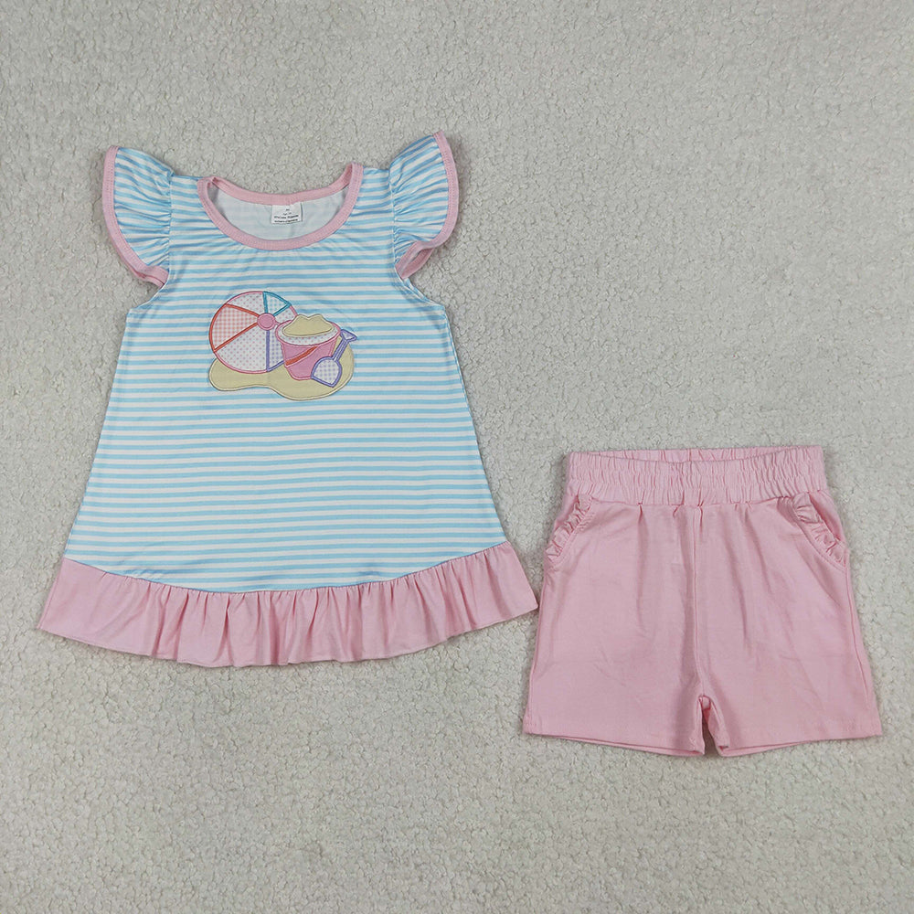 GSSO3109 Beach Ball Embroidery Striped Tee & Pink Shorts Set – Girls'