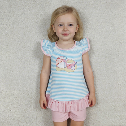 GSSO3109 Beach Ball Embroidery Striped Tee & Pink Shorts Set – Girls'
