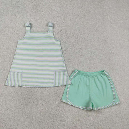 Summer Baby Girls Striped Stape Top With Green Shorts Outfit