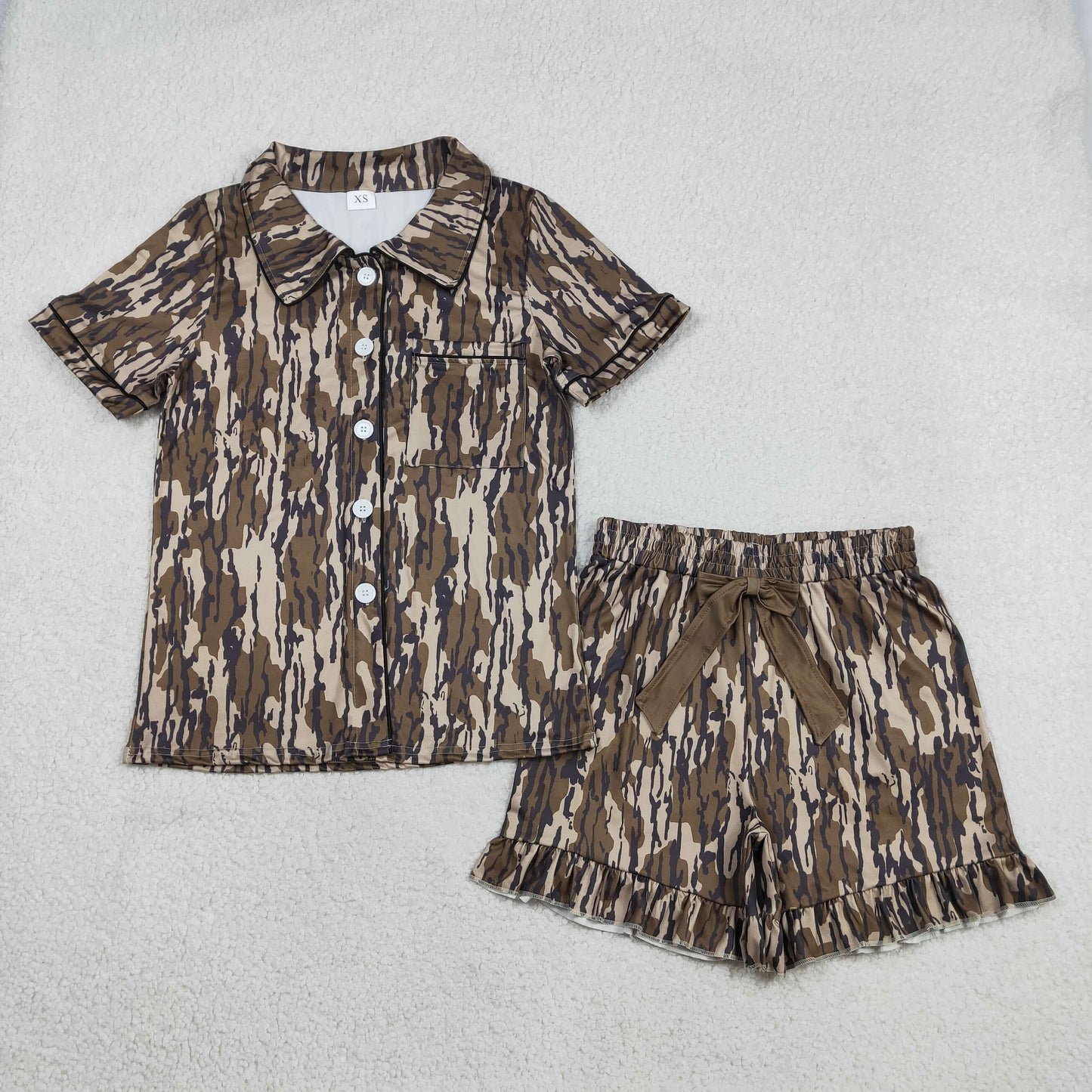 Sibling Family Mama Girls Southern Camo Bows Button Pocket Ruffle Shorts Pajamas Sets