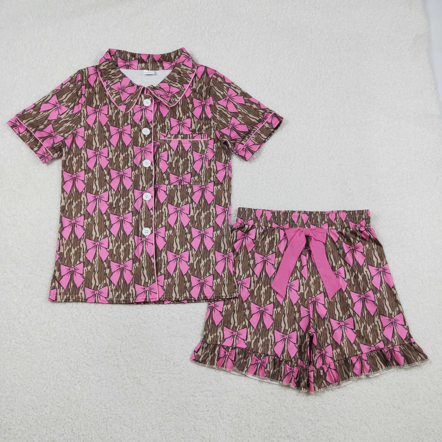 Sibling Adult Women Camo Bows Button Pocket Ruffle Shorts Hunting Pajamas Sets