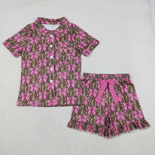 Sibling Adult Women Camo Bows Button Pocket Ruffle Shorts Hunting Pajamas Sets
