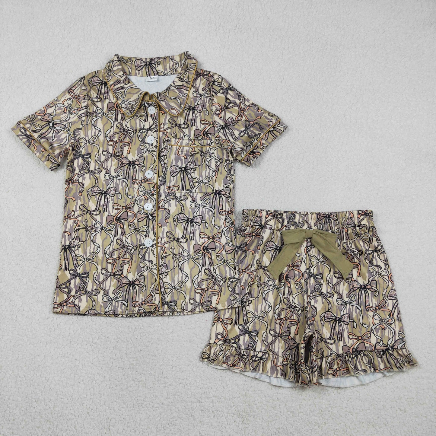 Sibling Family Mama Girls Southern Camo Bows Button Pocket Ruffle Shorts Pajamas Sets