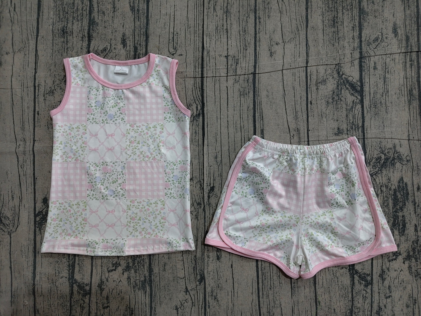 Small Flowers Plaid Sleeveless Top Shorts Girls Summer Clothes Set