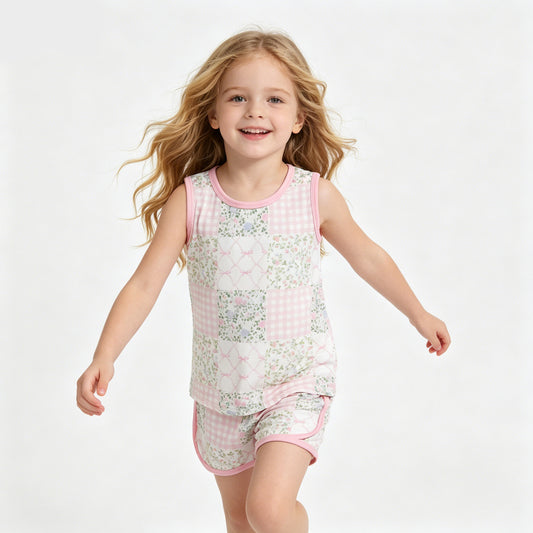 Small Flowers Plaid Sleeveless Top Shorts Girls Summer Clothes Set