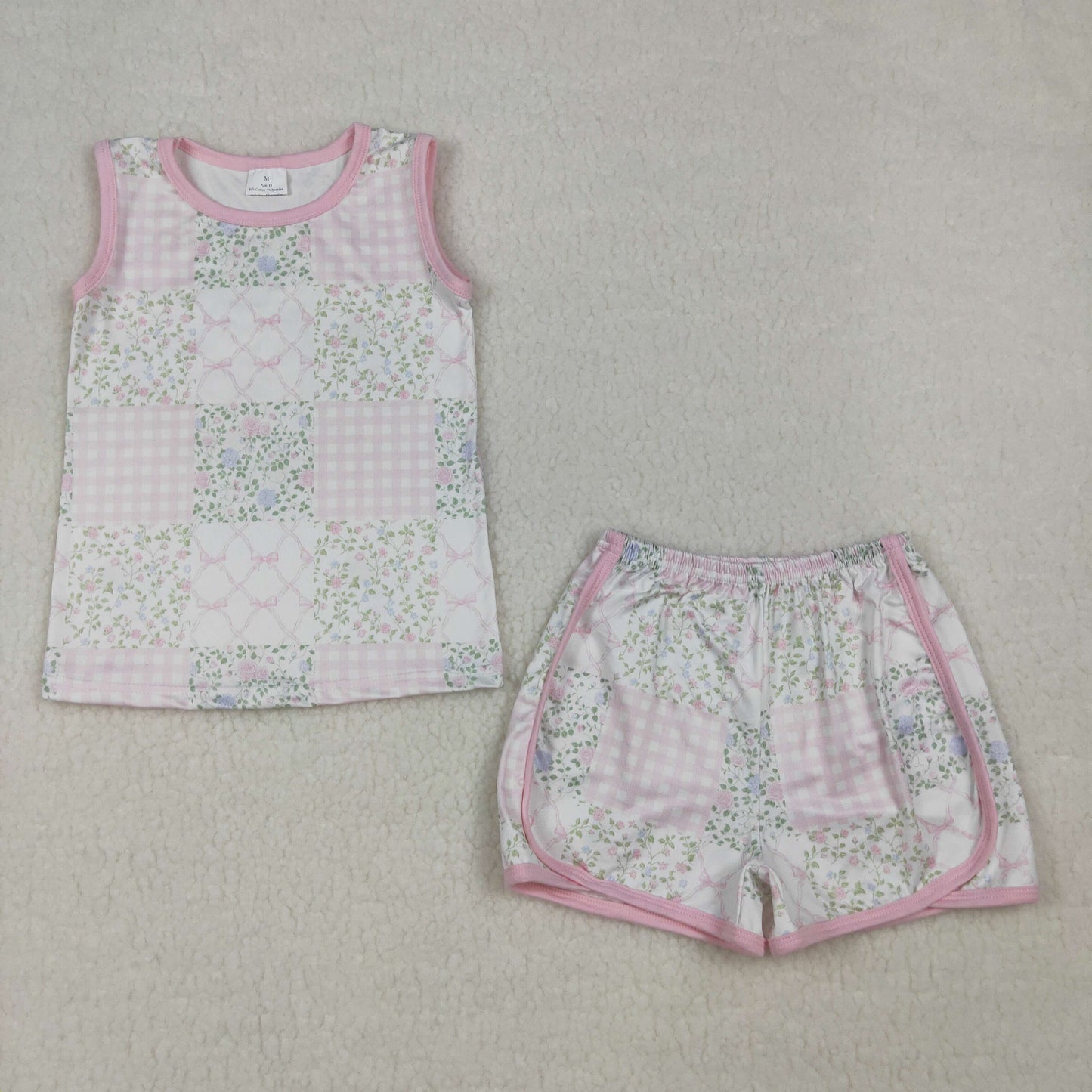 Small Flowers Plaid Sleeveless Top Shorts Girls Summer Clothes Set