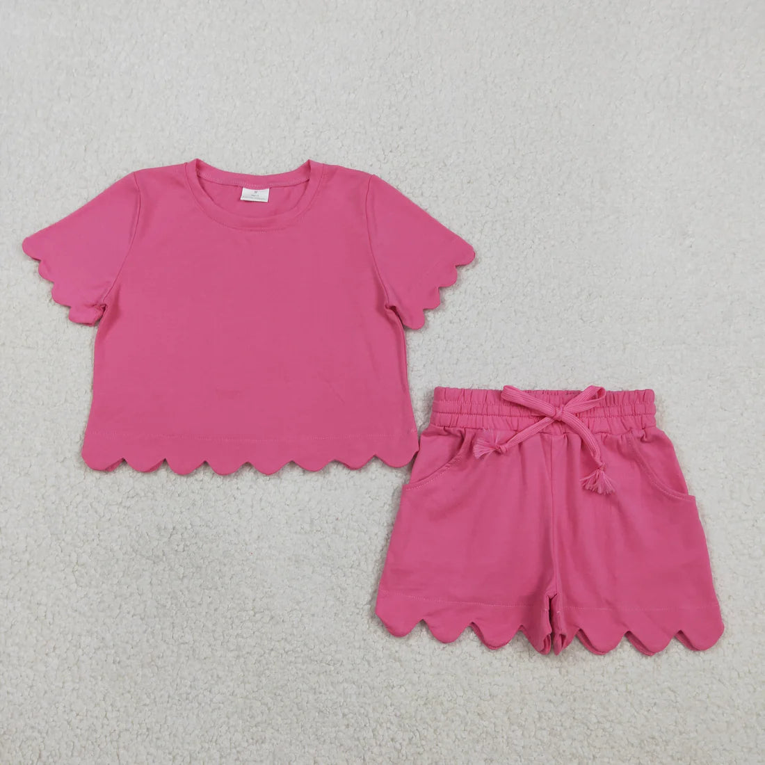 Sibling Baby Girls Cotton Scallop Short Sleeve Top Pockets Shorts Clothes Sets
