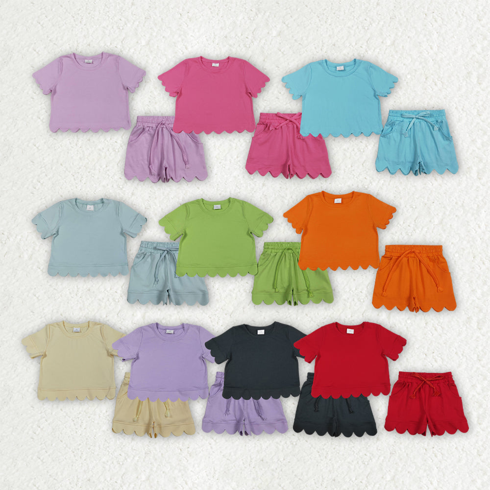 Sibling Baby Girls Cotton Scallop Short Sleeve Top Pockets Shorts Clothes Sets