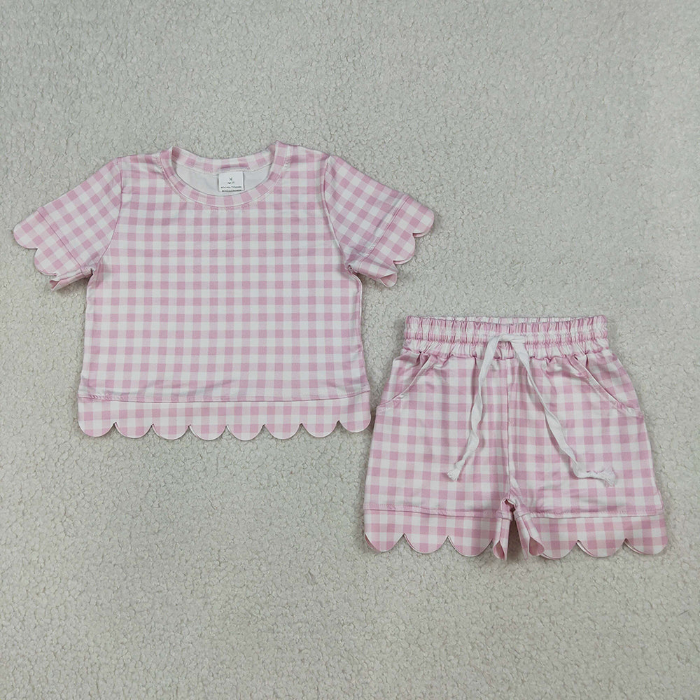 Sibling Baby Girls Colorful Checked Scallop Shirts Top Pockets Short Pajamas Clothes Sets