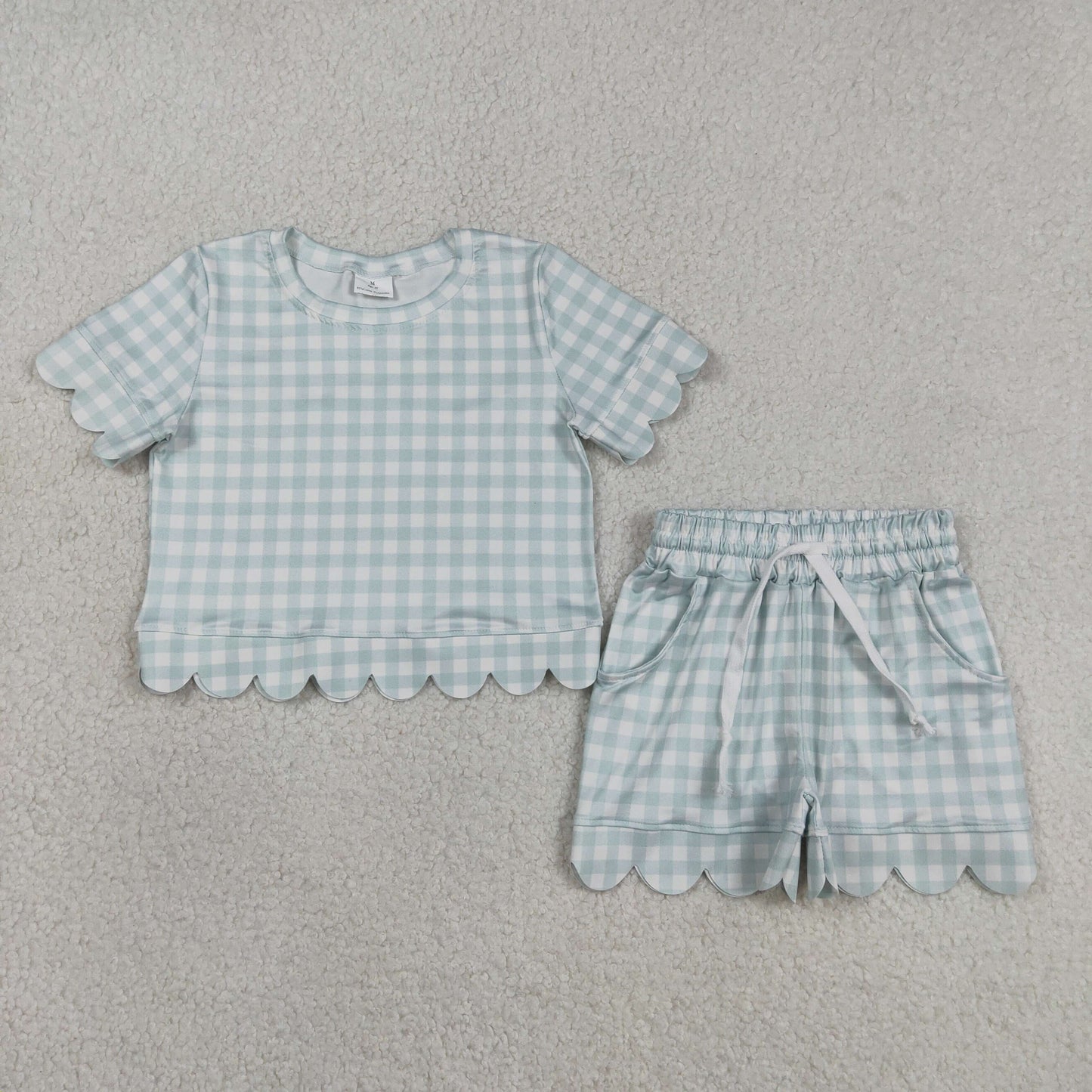 Sibling Baby Girls Colorful Checked Scallop Shirts Top Pockets Short Pajamas Clothes Sets