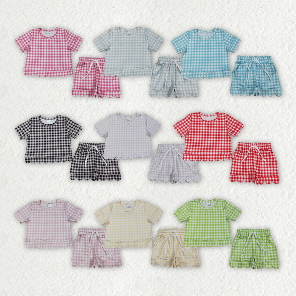 Sibling Baby Girls Colorful Checked Scallop Shirts Top Pockets Short Pajamas Clothes Sets
