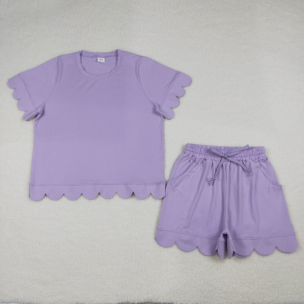 GSSO3199 Purple Cotton Pockets Woman Summer Scallop Clothes Set