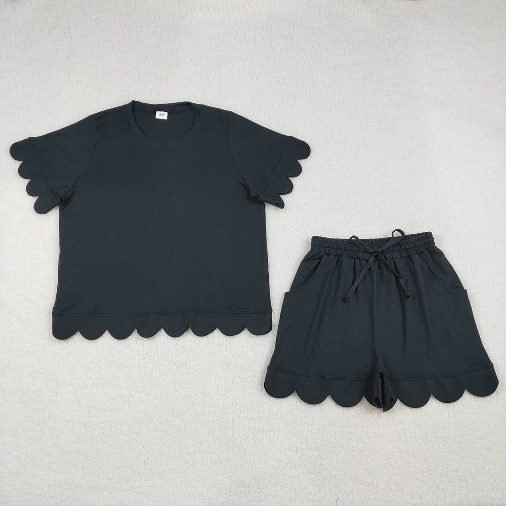 GSSO3200 Black Cotton Pockets Woman Summer Scallop Clothes Set