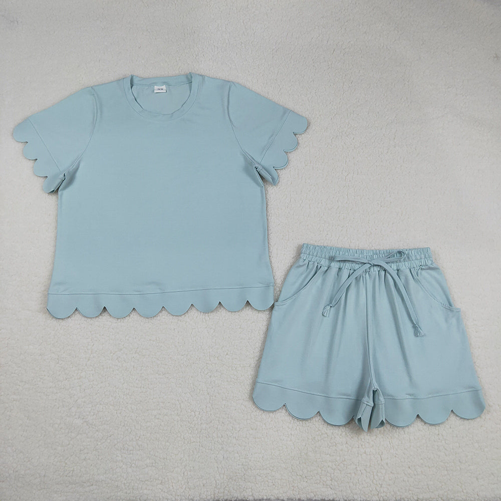 GSSO3202 Light Blue Cotton Pockets Woman Summer Scallop Clothes Set