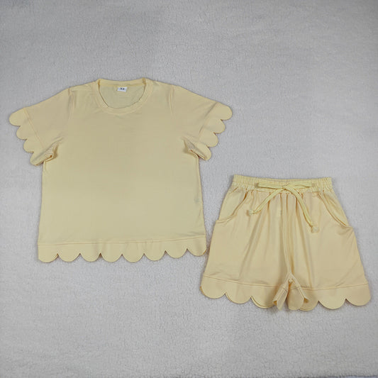 GSSO3203 Yellow Cotton Pockets Woman Summer Scallop Clothes Set