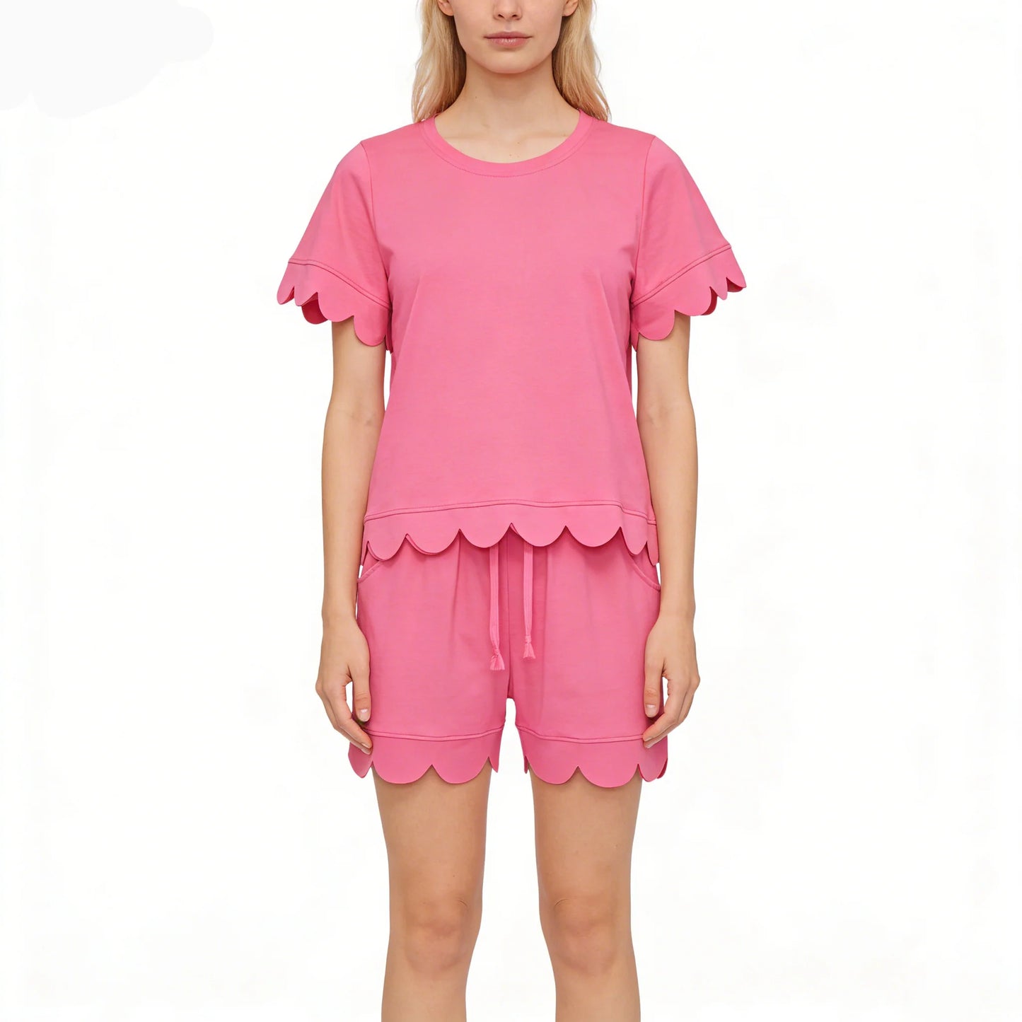 Mommy and Me Hot Pink Scallop Outfits, Short Sleeve Two Piece Set for Mother Daughter