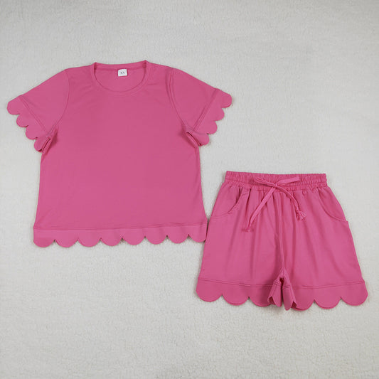 GSSO3204 Hot Pink Cotton Pockets Woman Summer Scallop Clothes Set
