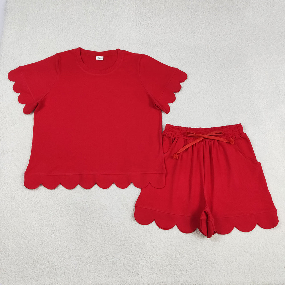 GSSO3205 Red Cotton Pockets Woman Summer Scallop Clothes Set