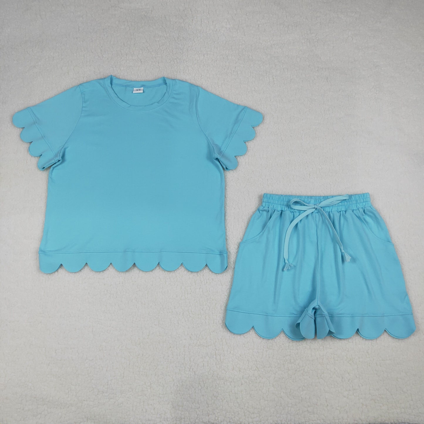 Adult Women Short Sleeve Shirts Top Pockets Short Scallop Clothes Set