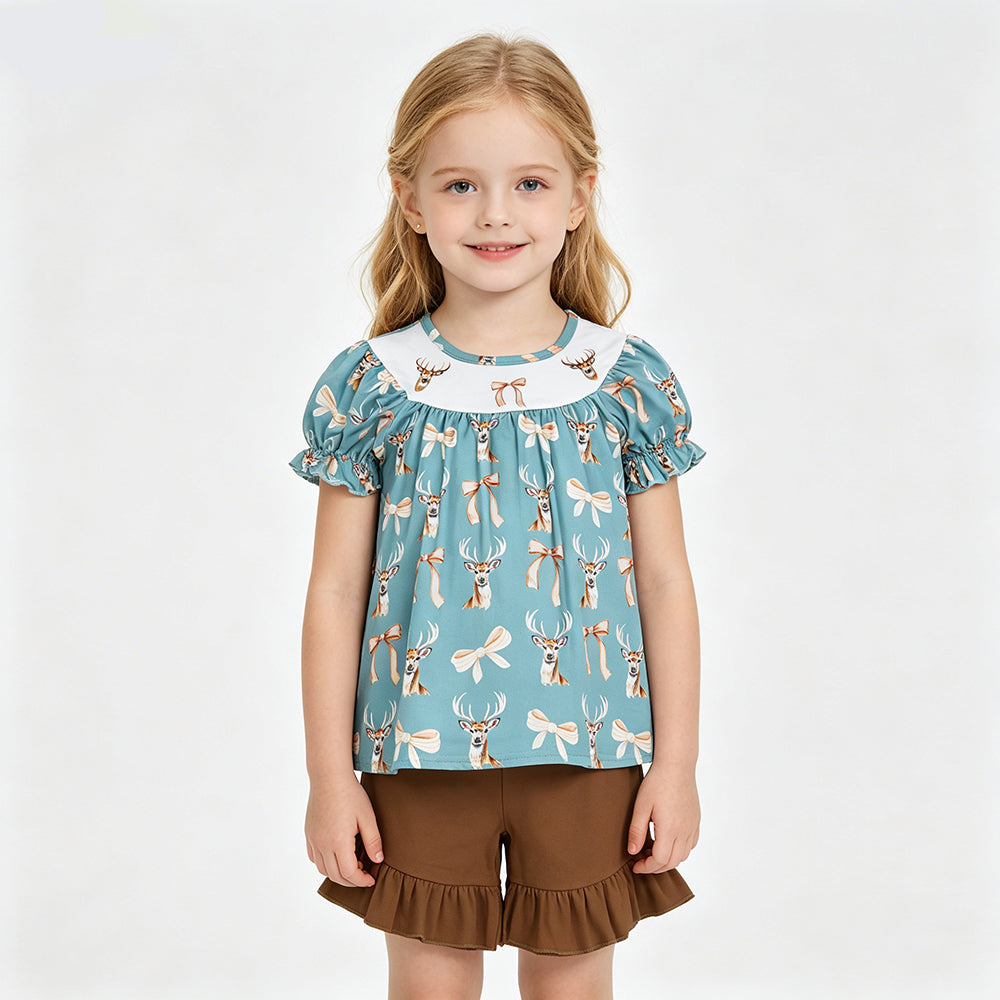 Deer Bows Top Brown Shorts Girls Summer Clothes Set