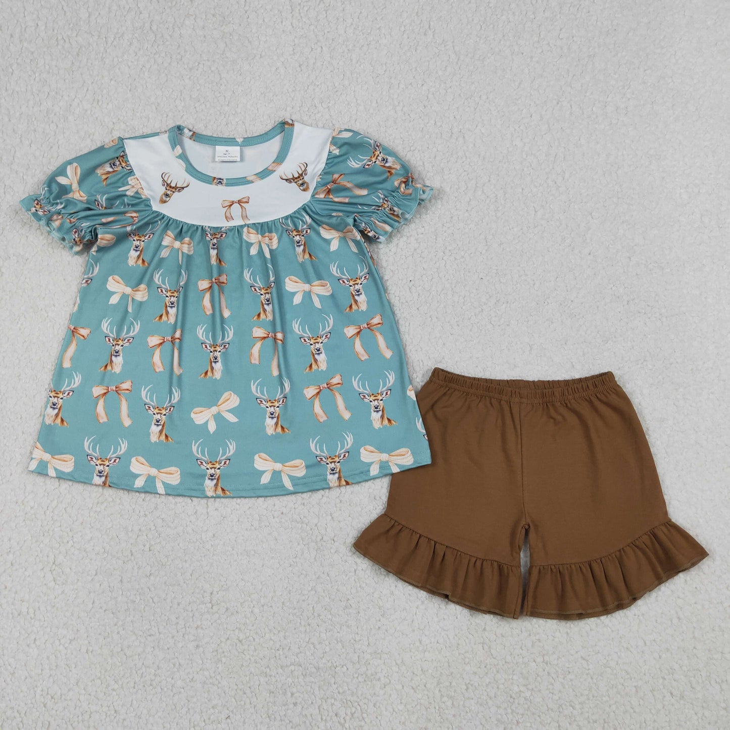 Deer Bows Top Brown Shorts Girls Summer Clothes Set