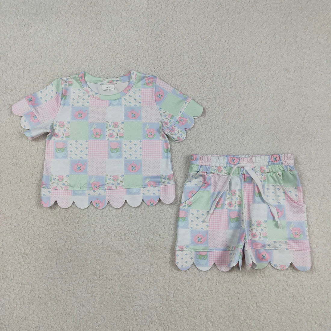 Sibling Baby Girls Colorful Flowers Top Pockets Shorts Scallop Clothes Sets