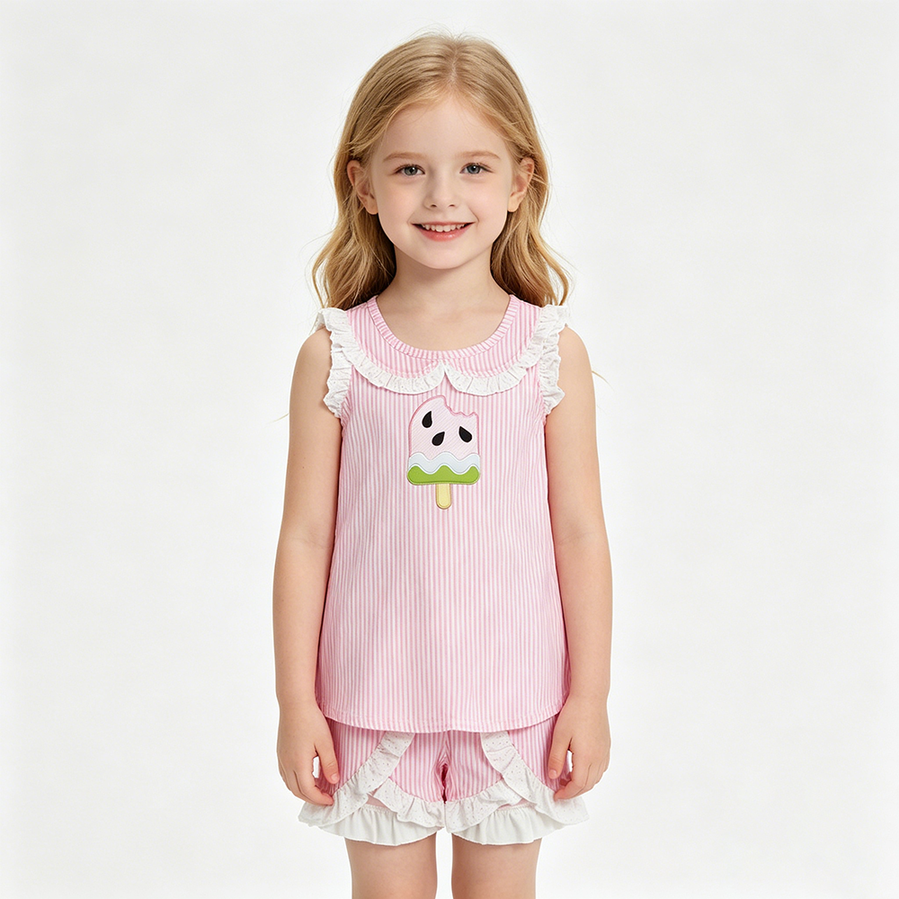 GSSO3238  Watermelon Popsicle Embroidery Sleeveless Doll Collar Top Ruffle Shorts Girls Summer Clothes Set