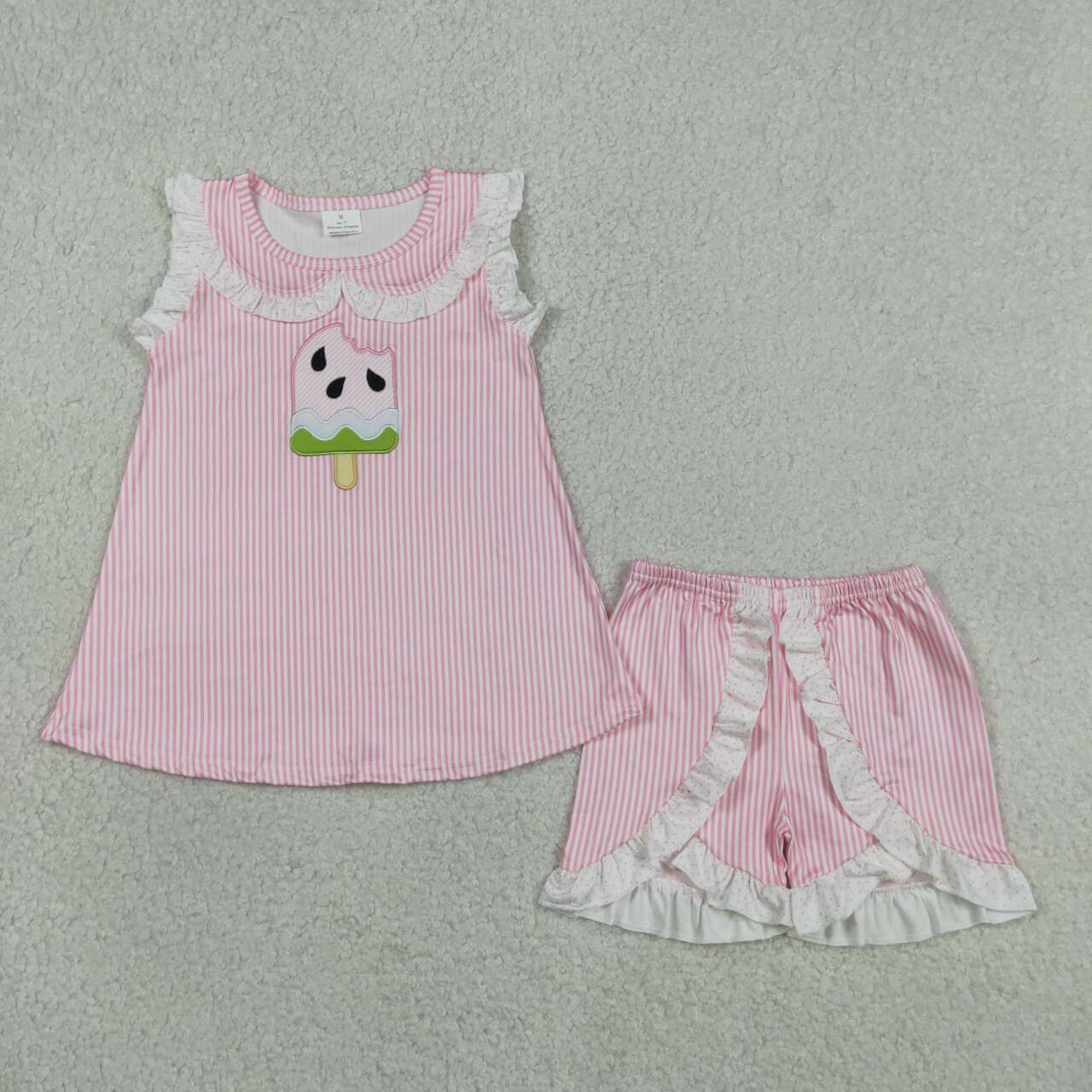 GSSO3238  Watermelon Popsicle Embroidery Sleeveless Doll Collar Top Ruffle Shorts Girls Summer Clothes Set