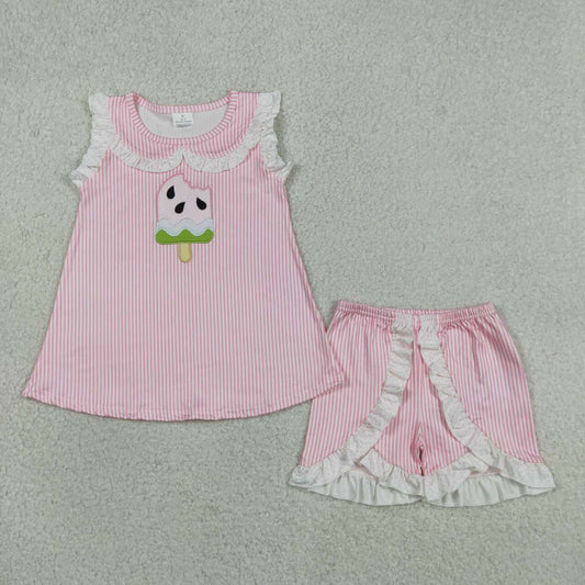 GSSO3238  Watermelon Popsicle Embroidery Sleeveless Doll Collar Top Ruffle Shorts Girls Summer Clothes Set