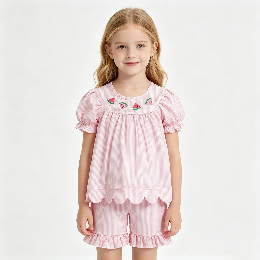 Embroidery Watermelon Pink Striped Scallop Top Ruffle Shorts Baby Girls Outfits