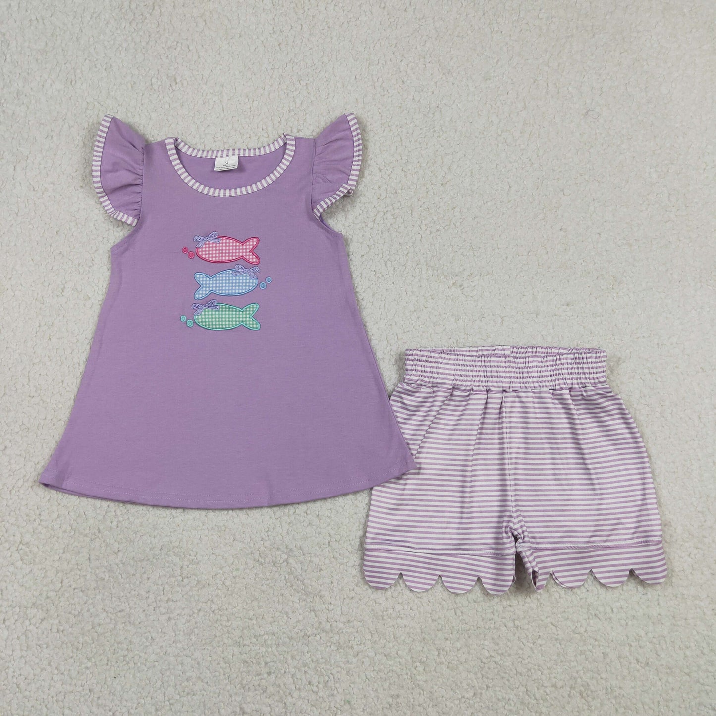 Kids Gingham Fish Embroidery Set - Summer Striped Outfit Sibling