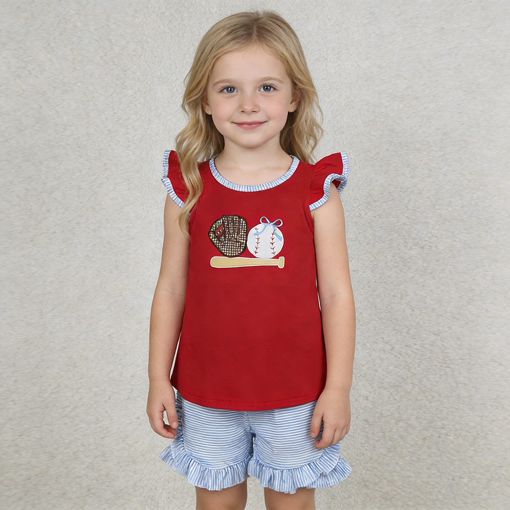 GSSO3246 Girls’ Baseball Embroidery Red Top & Stripes Shorts Set