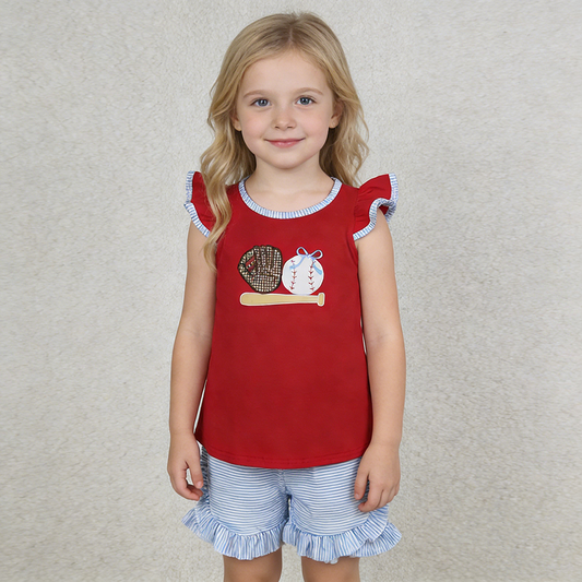GSSO3246 Girls’ Baseball Embroidery Red Top & Stripes Shorts Set