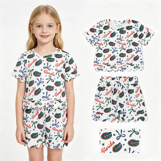 GSSO3249 Teams Florida Star Bows Print Baby Girls Summer Scallop Clothes Set