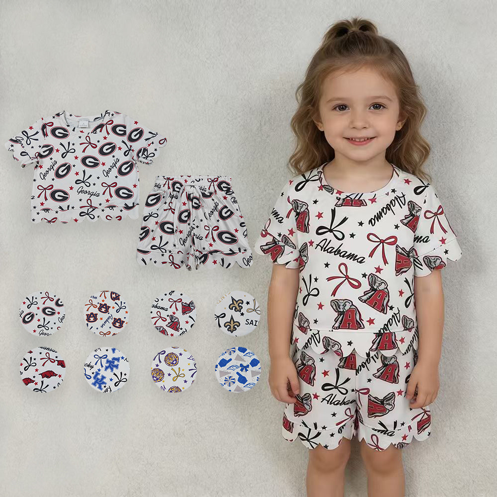 8 Colors Teams Stars & Bows Print Girls Scallop Summer Clothes Set Sisters Wear