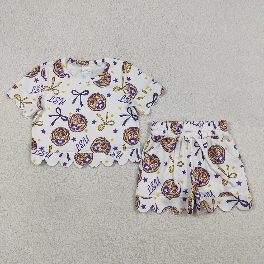 GSSO3256 Teams LSU Bows Print Pockets Shorts Girls Summer Scallop Clothes Set